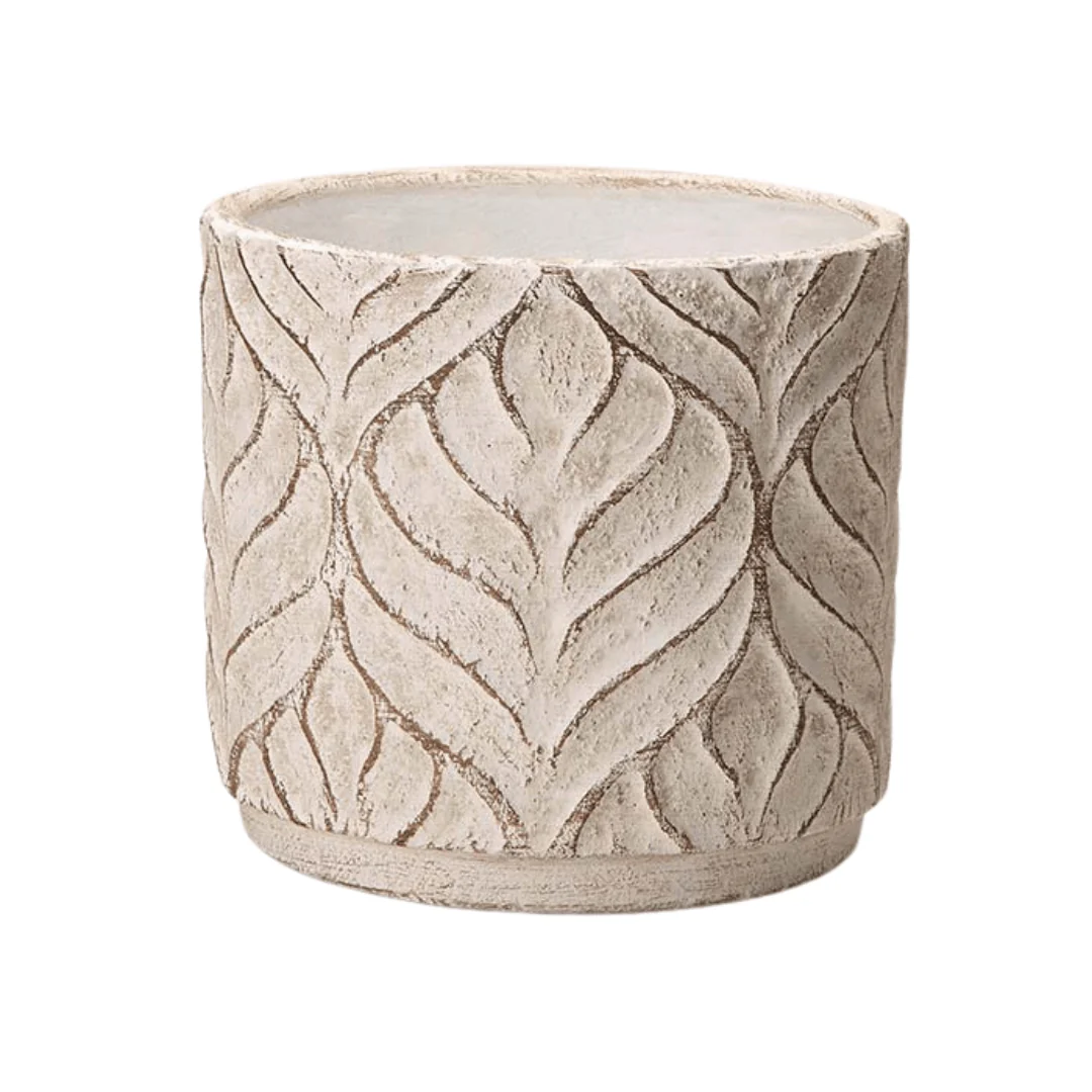 Vaso Cachepot em Cimento Detalhes Folhas Branco 14cm