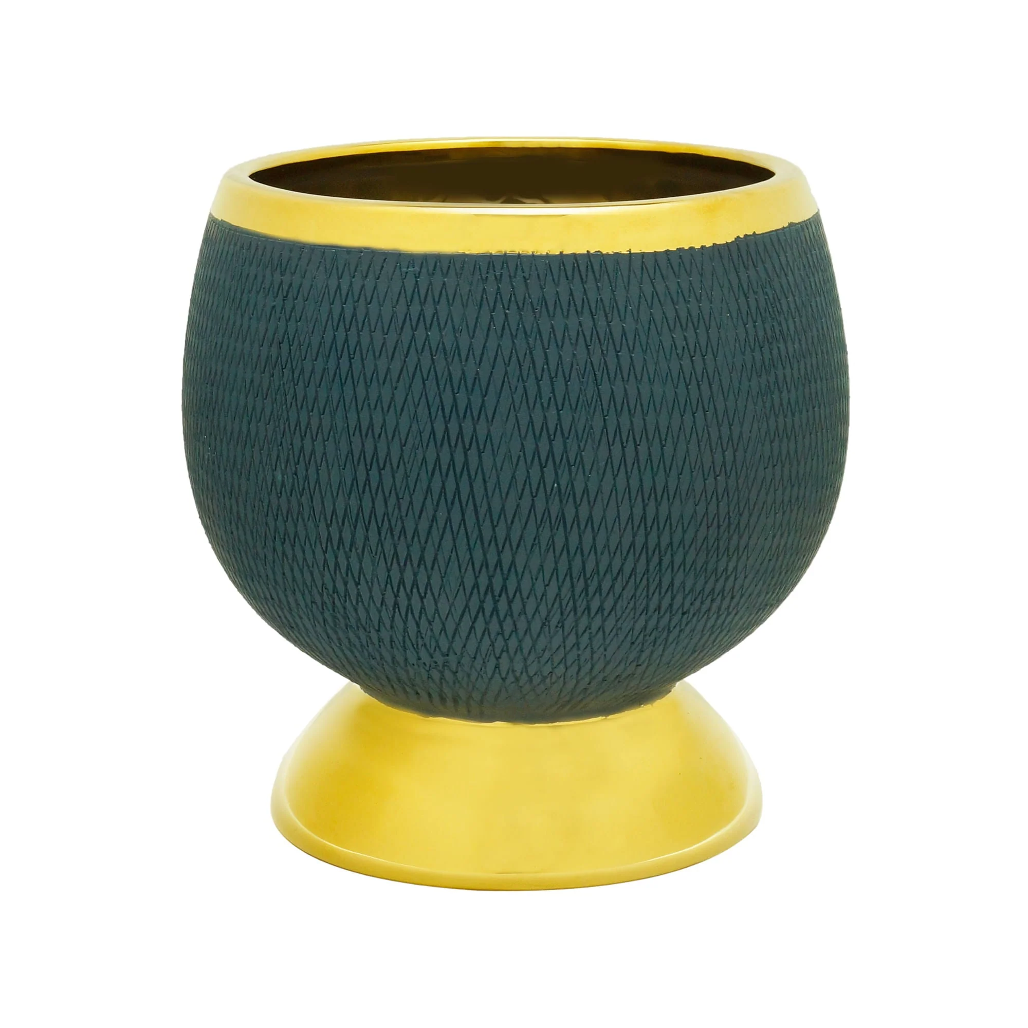Vaso Decorativo Cerâmica Redondo Azul Com Dourado -  15cm