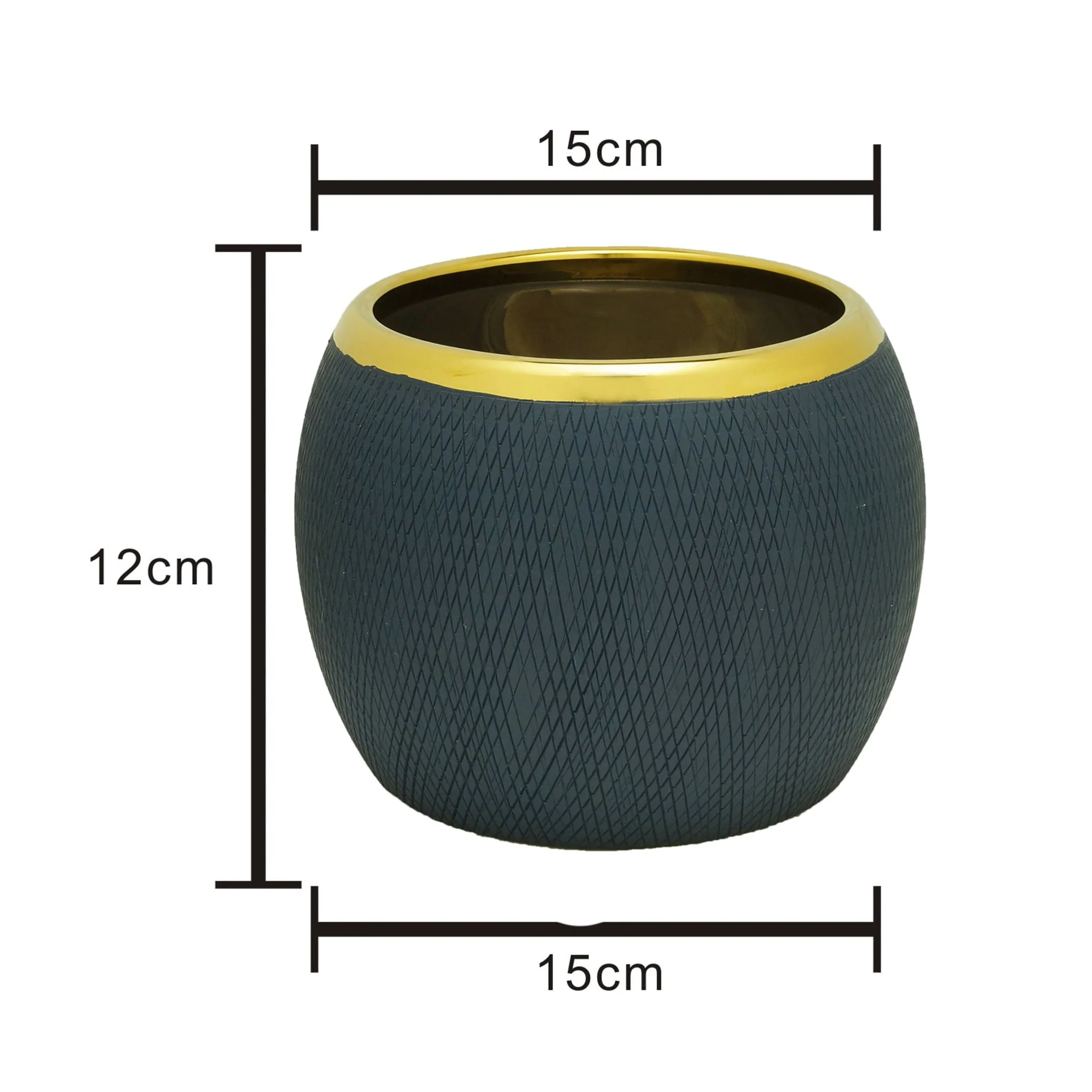 Vaso Decorativo Cachepot Cerâmica Redondo Azul Com Dourado -  15 cm - Image 3