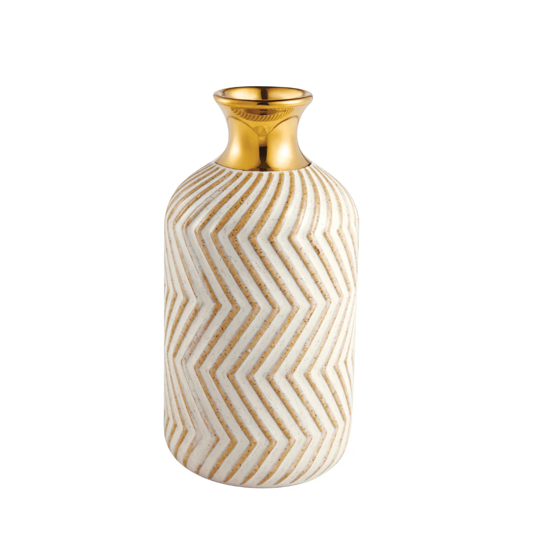 Vaso em Cerâmica com Ranhuras Bege e Dourado 14cm - Image 4