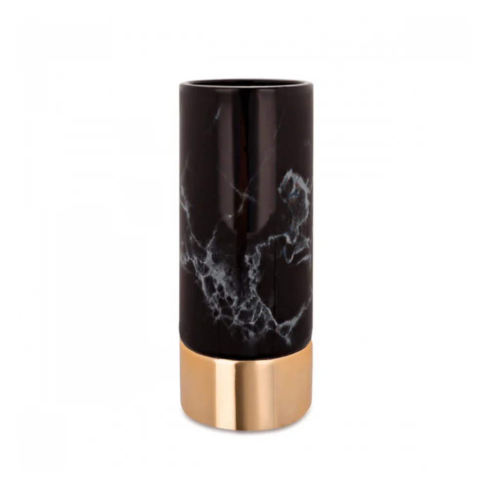 Vaso Decorativo Mármore Preto e Dourado em Cerâmica - 25 cm