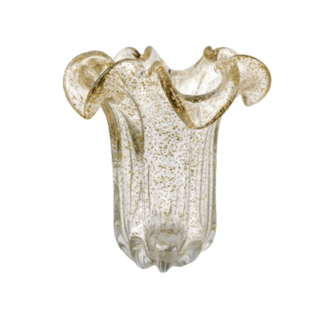 Vaso Murano Alto de Vidro Transparente e Dourado 24cm