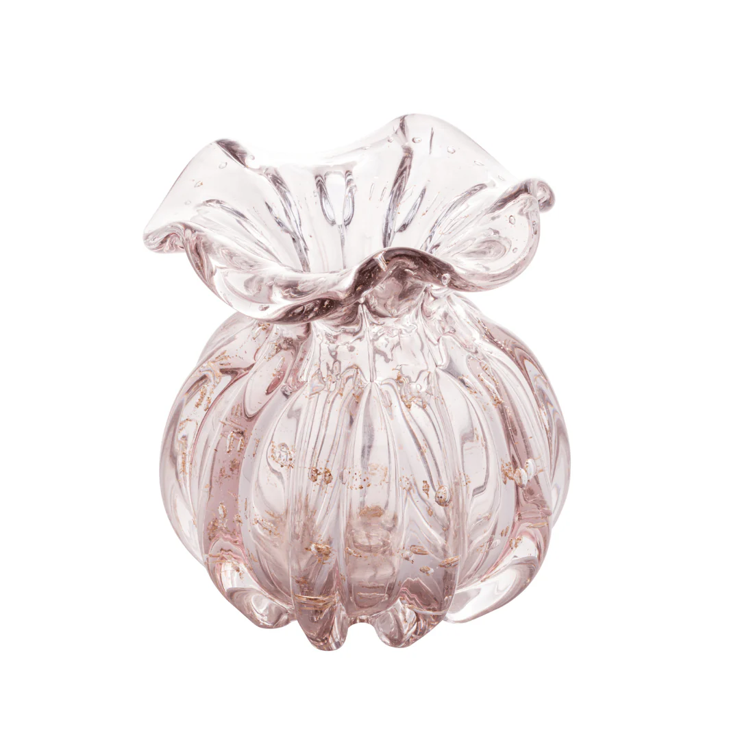 Vaso Murano Trouxinha de Vidro Italy Rosa Claro e Dourado 13cm