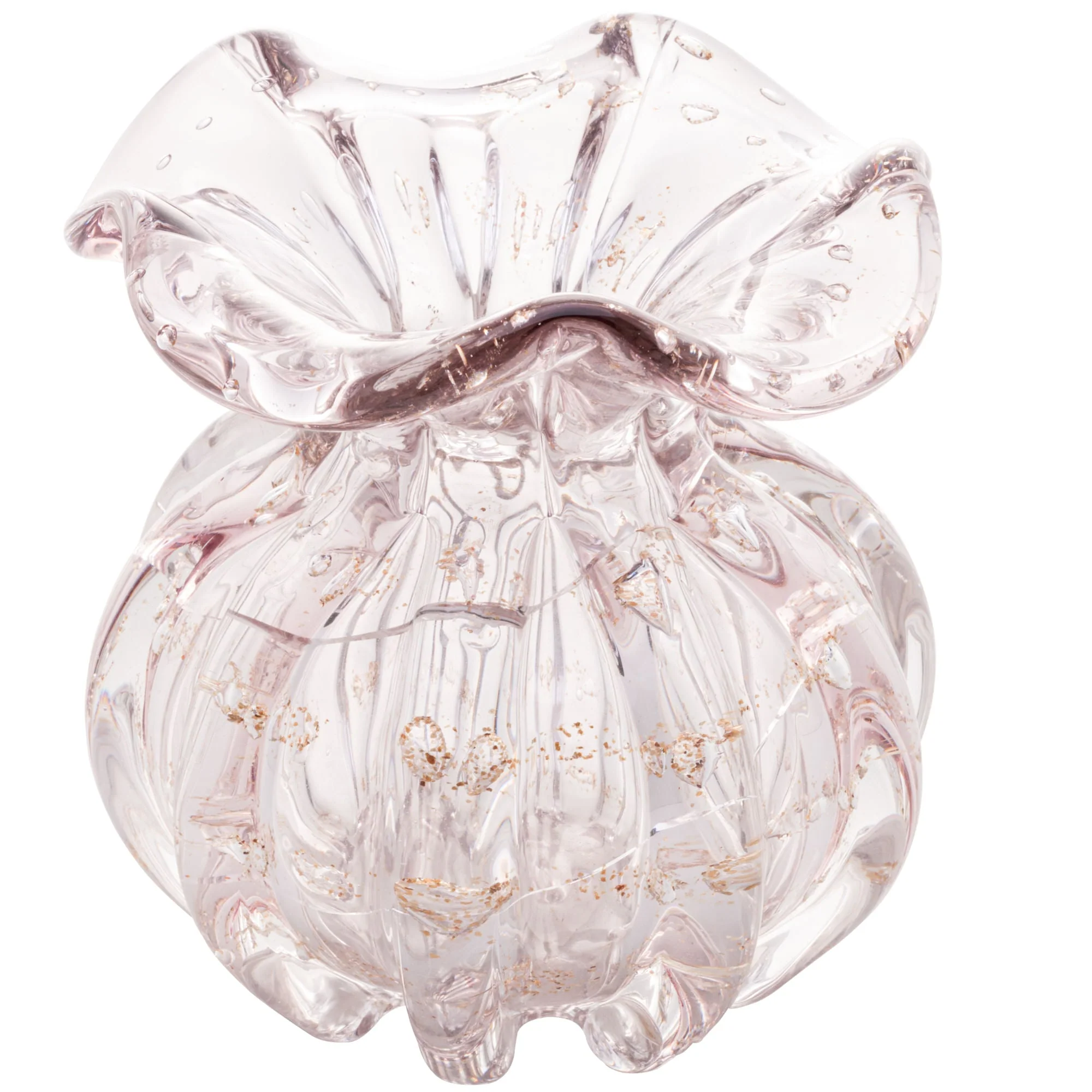 Vaso Murano Trouxinha de Vidro Italy Rosa Claro e Dourado 11cm
