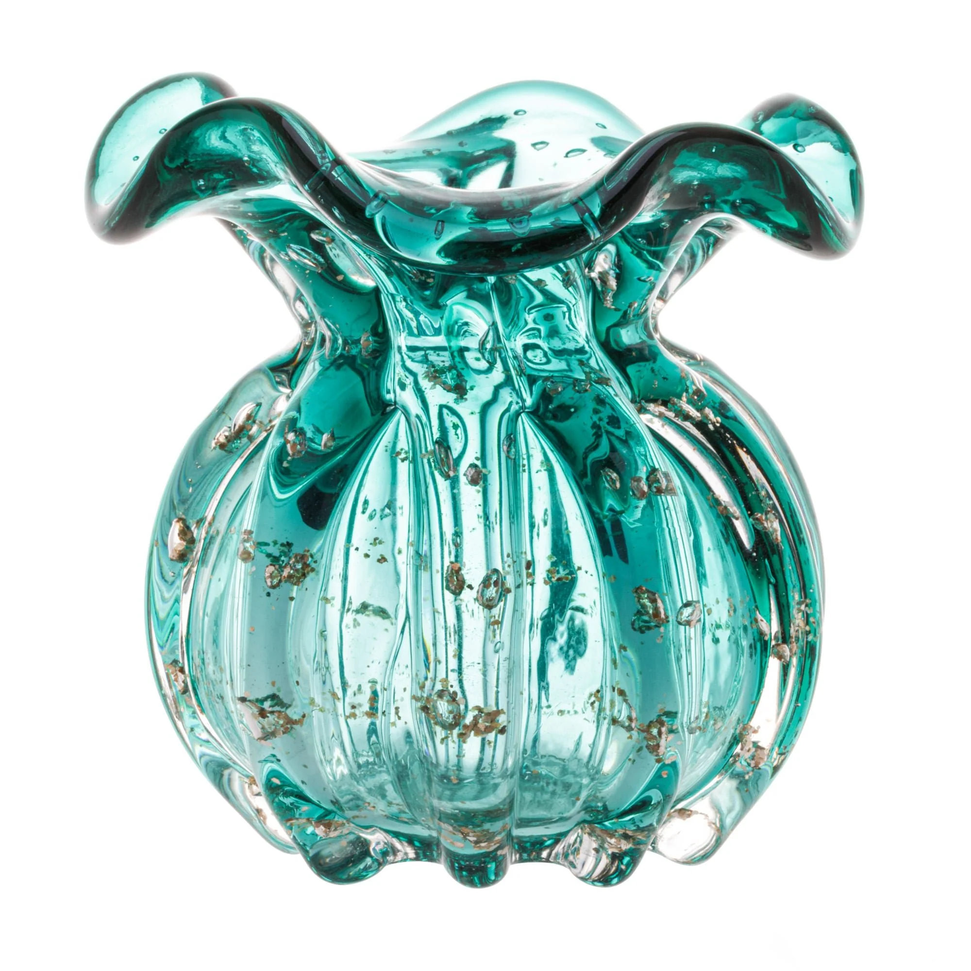 Vaso Murano Trouxinha de Vidro Italy Tiffany e Dourado 11cm