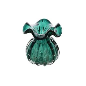 Vaso Murano Trouxinha de Vidro Italy Verde Esmeralda e Dourado 13cm