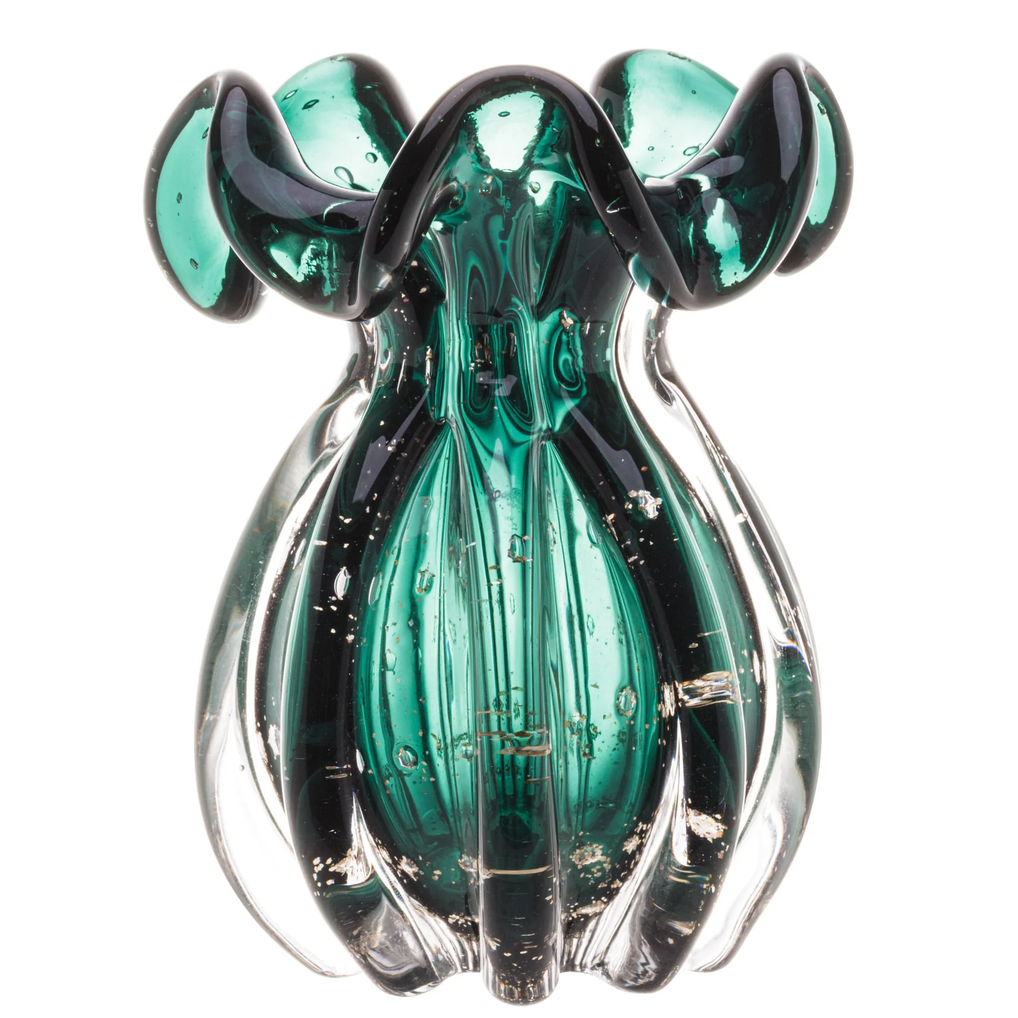 Vaso Murano Trouxinha de Vidro Italy Verde Esmeralda e Dourado 17cm