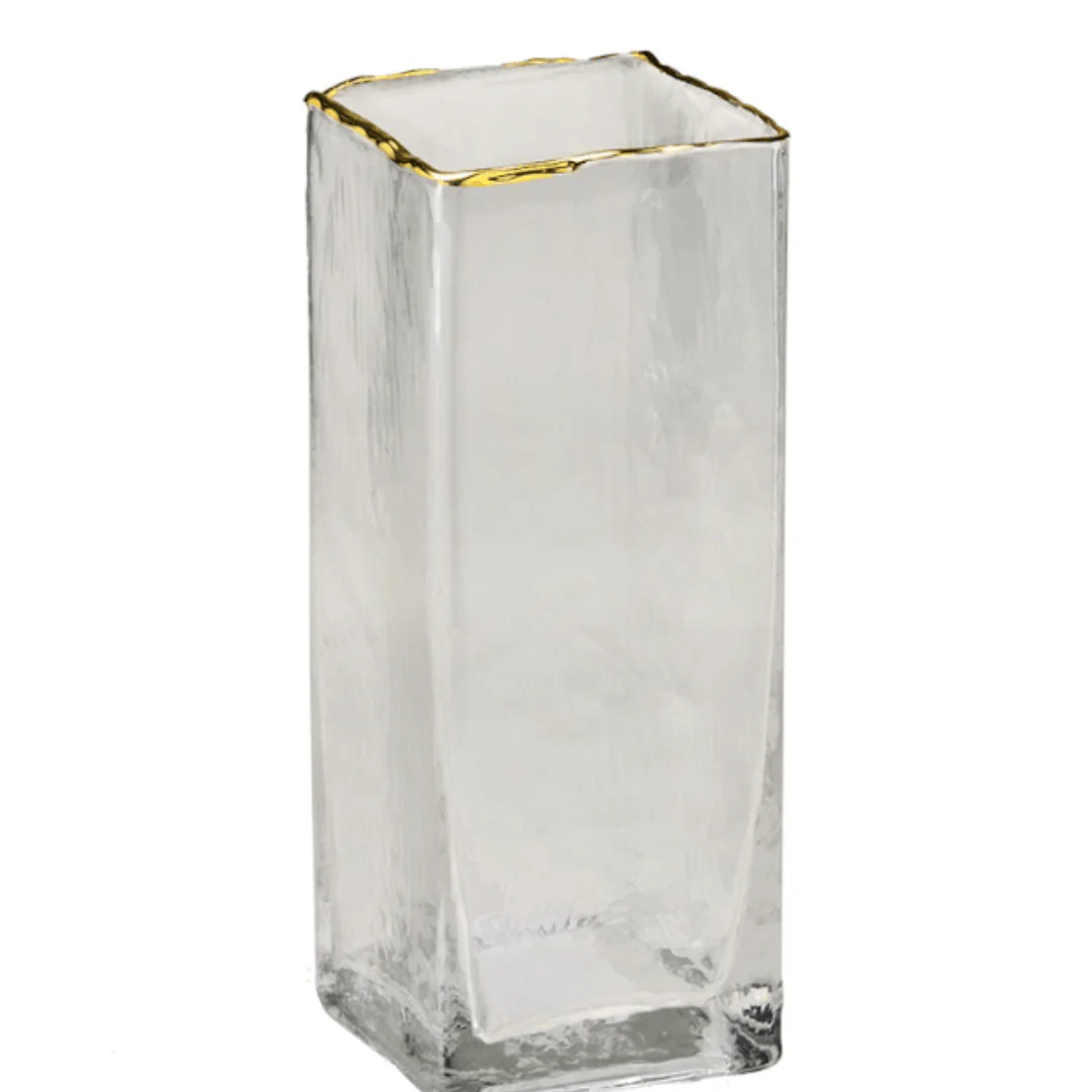 Vaso Quadrado Transparente com Borda Dourada 20cm