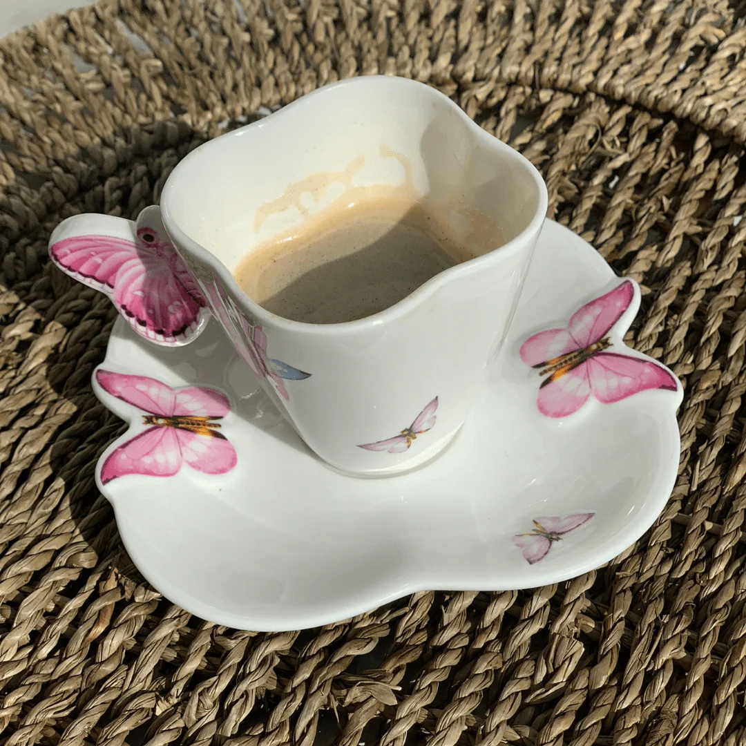 Xícara de Café Porcelana com Pires Borboletas 100ml