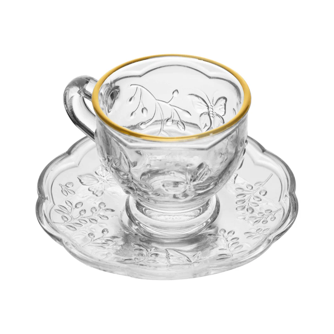 Xicara de Chá com Pires de Cristal New Butterfly Fio de Ouro 180ml - Image 6