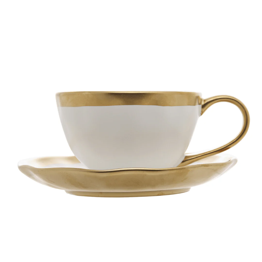 Xícara de Chá com Pires em Porcelana Dubai Branco e Dourado 200ml - Image 9