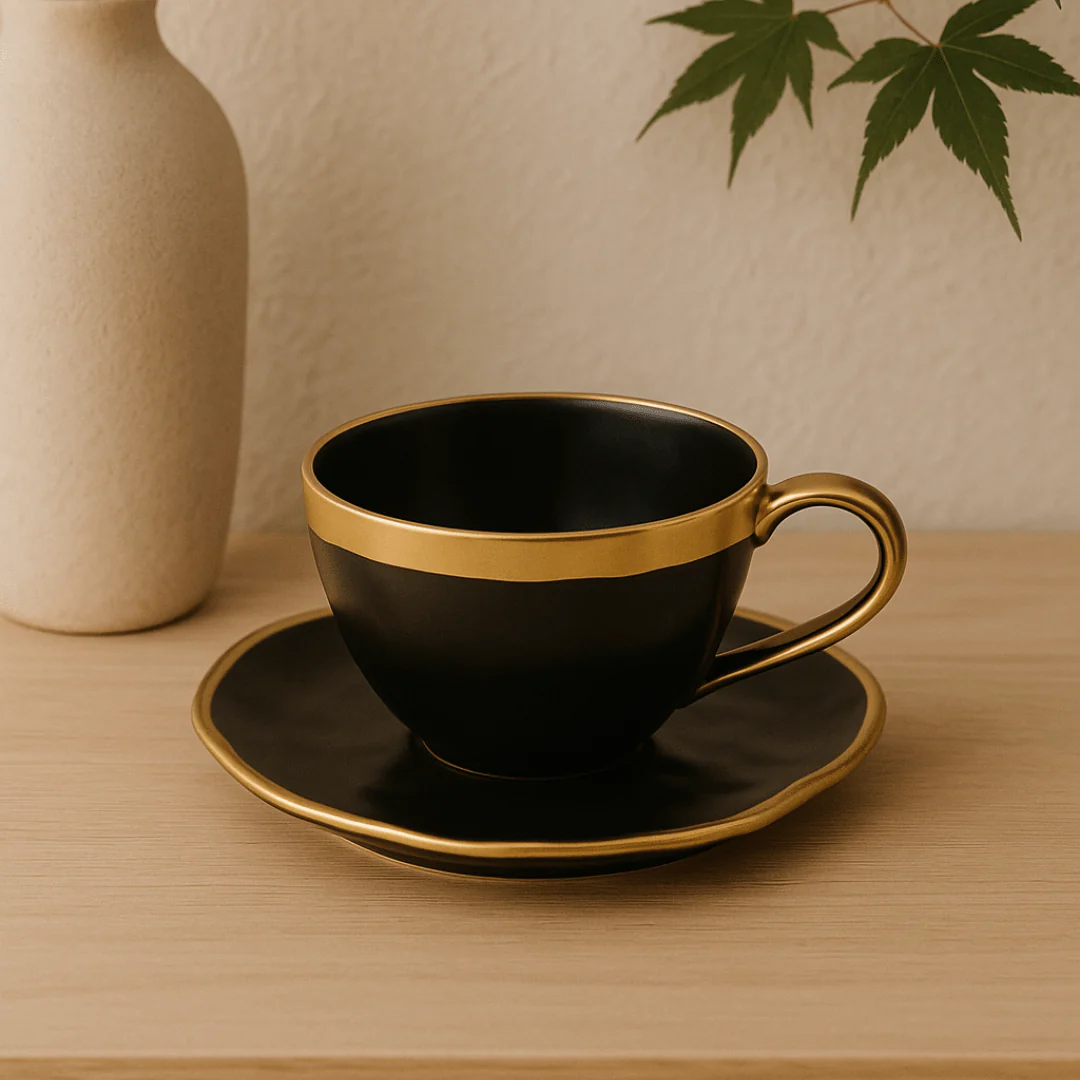 Xícara de Chá com Pires em Porcelana Dubai Preto e Dourado 200ml - Image 2