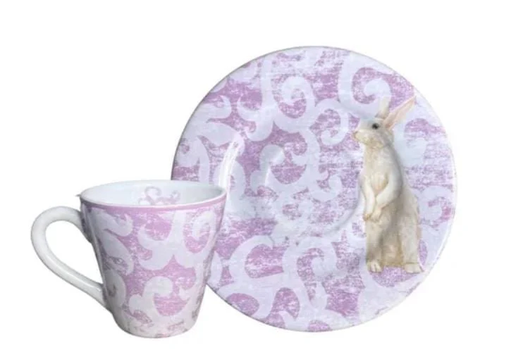 Xicara para Chá com Pires Sweet Easter Pascoa Branco e Roxo 20ml